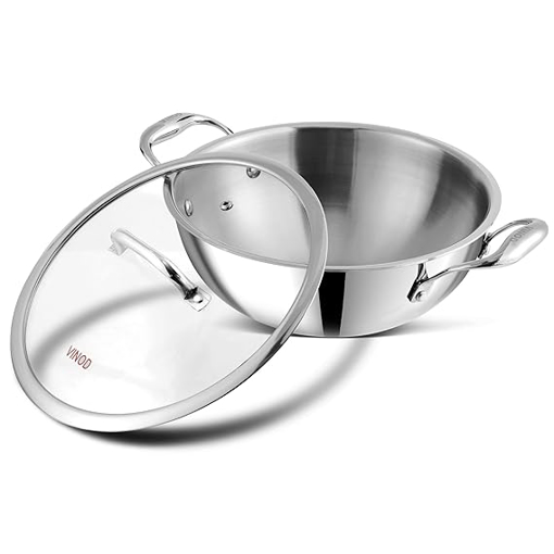 Picture of Vinod Platinum Triply Stainless Steel Extra Deep Kadai/Kadhai with Glass Lid 1.2 Litre (18 cm) | 2.5mm Thick Steel Kadai/Kadhai  | Induction & Gas Friendly | Heavy Bottom