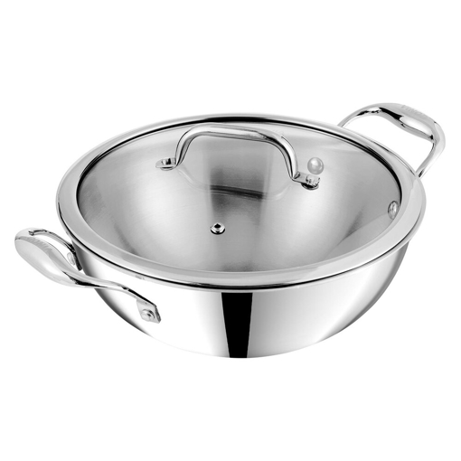 Picture of Vinod Platinum Triply Stainless Steel Extra Deep Kadai with Glass Lid 2.5 Litre (22 cm) | 2.5mm Thick Steel Kadhai | 5 Year Warranty | Induction & Gas Friendly | Heavy Bottom