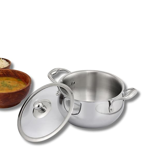 Picture of Vinod Platinum Triply Belly Shape Saucepot of 2 litres Capacity (16 cm Diameter) Comes with Glass Lid, Riveted Handle, Mirror Finish - Silver (Induction and Gas Stove Friendly)