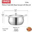 Picture of Vinod Platinum Triply Belly Shape Saucepot of 2 litres Capacity (16 cm Diameter) Comes with Glass Lid, Riveted Handle, Mirror Finish - Silver (Induction and Gas Stove Friendly)