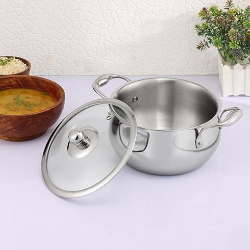 Picture of Vinod Platinum Triply Belly Shape Saucepot Of 2.5 Litres Capacity (18 Cm Diameter) Comes With Glass Lid, Riveted Handle, Mirror Finish - Silver (Induction And Gas Stove Friendly),Polished, 2.8 Liter