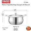 Picture of Vinod Platinum Triply Belly Shape Saucepot Of 2.5 Litres Capacity (18 Cm Diameter) Comes With Glass Lid, Riveted Handle, Mirror Finish - Silver (Induction And Gas Stove Friendly),Polished, 2.8 Liter