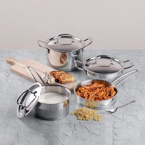 Picture of Vinod Stainless Steel Induction Friendly Classic Deluxe Combo Set-4 Pieces,Saucepan(16 cm/2.1 Litre) with Lid, Saucepot (20 cm/3.8 Litre), Kadai/Kadhai with Lid(20 cn/1.8 Litre) & Frypan (20 cm)