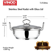 Picture of Vinod Stainless Steel Kadai/Kadhai with Glass Lid with Riveted Handles- Diameter 18 cm, Capacity 1.4 Litre (Induction and Gas Stove Friendly), 2 Years Warranty, Silver