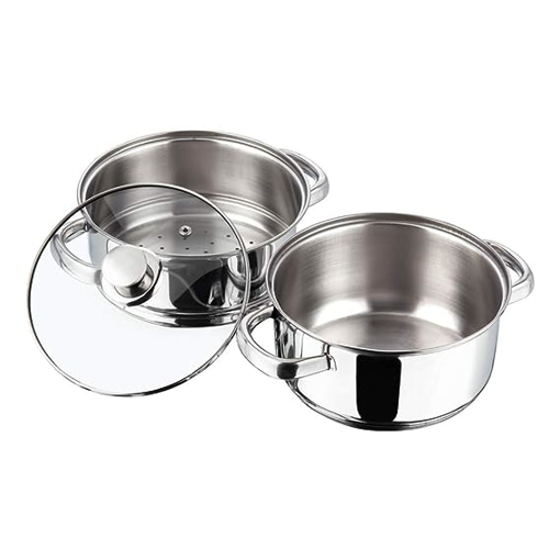 Picture of Vinod Stainless Steel 2 Tier Steamer/Momo/Modak Maker with Glass Lid & Riveted Handles of 20 cm Diameter (Induction and Gas Stove Friendly)