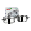 Picture of Vinod Stainless Steel 2 Tier Steamer/Momo/Modak Maker with Glass Lid & Riveted Handles of 20 cm Diameter (Induction and Gas Stove Friendly)