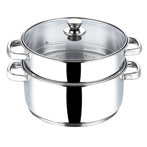 Picture of Vinod Stainless Steel 2 Tier Steamer/Momo/Modak Maker with Glass Lid & Riveted Handles of 24 cm Diameter (Induction and Gas Stove Friendly)