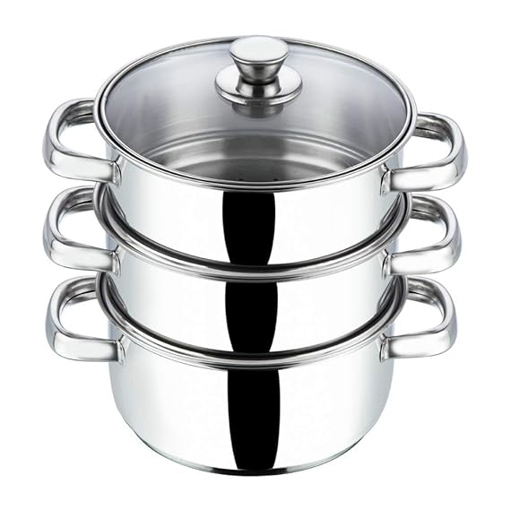 Picture of Vinod Stainless Steel 3 Tier Steamer/Momo/Modak Maker with Glass Lid & Riveted Handles of 18 cm Diameter (Induction and Gas Stove Friendly)