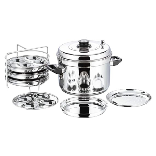 Picture of Vinod Stainless Steel Multi Pot Small with Steel Lid, 3 Piece Idli Plate, 3 Piece Dhokla Plate (Induction and Gas Stove Friendly)