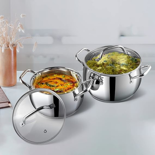 Picture of Vinod Stainless Steel 2 Piece Almaty Casserole with Glass Lid -Diameter 14 & 16 cm, Capacity 1.3 & 2 Litre (Induction and Gas Stove Friendly)