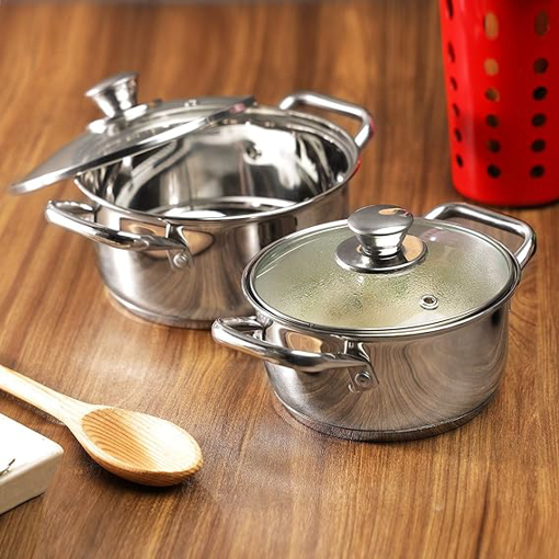 Picture of Vinod Stainless Steel 2 Piece Roma Casserole with Glass Lid & Riveted Handles- Diameter 14 & 16 cm, Capacity 1.1 & 1.5 Litre (Induction and Gas Stove Friendly)