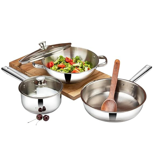 Picture of Vinod Stainless Steel 3 Piece Modena Cookware Set,Kadai with Glass Lid(2.7 Litre),Saucepan with Glass Lid (1.5 Litre)& Frypan (24 cm),Induction Friendly