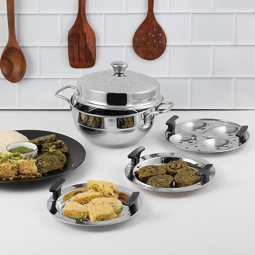 Picture of Vinod Gen - Z Multi Kadai/Kadhai 6 pcs Comes with Stainless Steel Lid, 2 Idli Plates, 2 Dhokla Plates and 1 Patra Plate - Silver (Induction and Gas Stove Friendly, Stainless Steel)