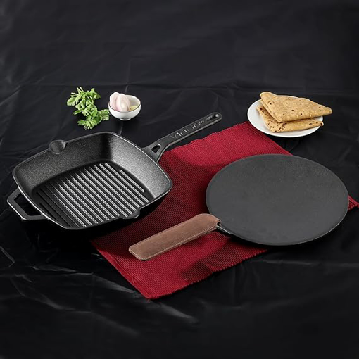 Picture of Vinod Legacy Pre-Seasoned Cast Iron Cookware Combo Set of 2 Pcs - Roti Tawa 26 cm Diameter and Grill Pan of 24 cm Diameter, Loha Cookware, (Black)