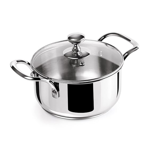 Picture of Milton Pro Cook Stainless Steel Casserole with Glass Lid, 16 cm/1.6 Litre, Silver | Induction Safe | Flame Safe | Hot Plate Safe | Dishwasher Safe | Sturdy Handles