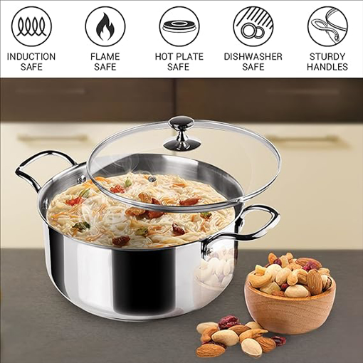 Milton Pro Cook Stainless Steel Sandwich Bottom Casserole with Glass lid, 28 cm / 7.5 Liters, Silver | Induction | Flame Safe | Dishwash Safe | Sturdy Handle की तस्वीर