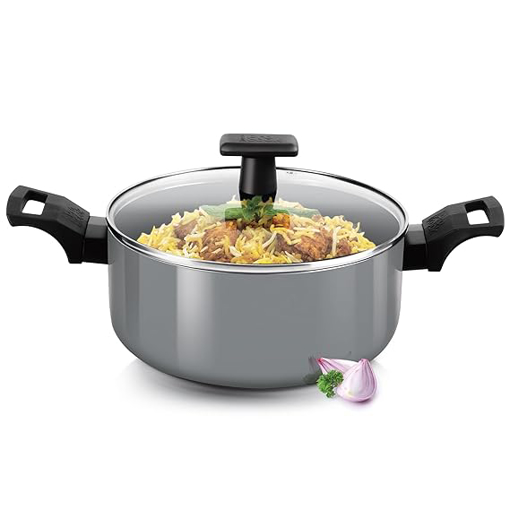 Milton Pro Cook Blackpearl Induction Biryani Pot with Glass Lid, 22 cm, 3.5 litres, Grey | Food Grade | Dishwasher | Flame | Hot Plate Safe की तस्वीर