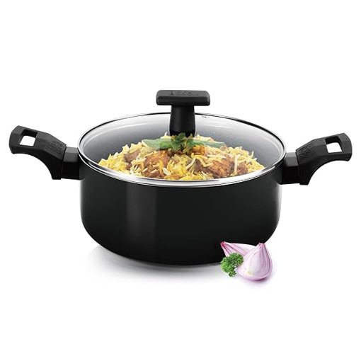 Milton Pro Cook Granito Induction Biryani Pot with Glass Lid, 22 cm, 3.5 litres, Black | Food Grade | Dishwasher | Flame | Hot Plate Safe की तस्वीर