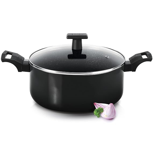 Milton Pro Cook Granito Induction Biryani Pot with Glass Lid, 28 cm, 7.45 litres, Black, Burgandy | Food Grade | Dishwasher | Flame | Hot Plate Safe की तस्वीर