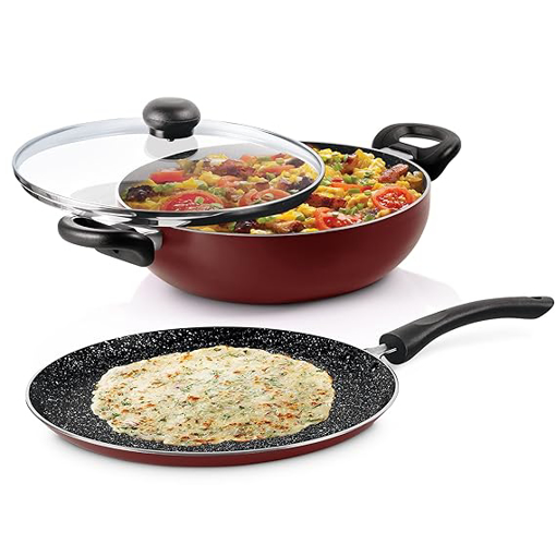 Picture of Milton Pro Cook Induction New Granito My Kitchen Set of 2,(Tawa 28 cm and Kadhai 24 cm/2.5 LTR with Glass Lid) Burgundy | Dishwasher Safe| Gas Stove Safe | Hot Plate Safe | Bakelite Handle