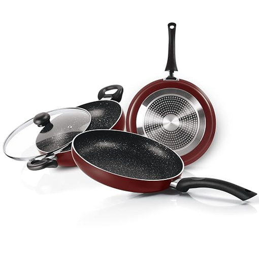 Milton Pro Cook Induction New Granito My Kitchen Set of 3 (Tawa 28 cm, Fry Pan 24 cm/1.6 LTR & Kadhai 24 cm/2.5 LTR, Glass Lid), Dishwasher Safe, Induction, Gas Stove, Hot Plate Safe, Bakelite Handle की तस्वीर