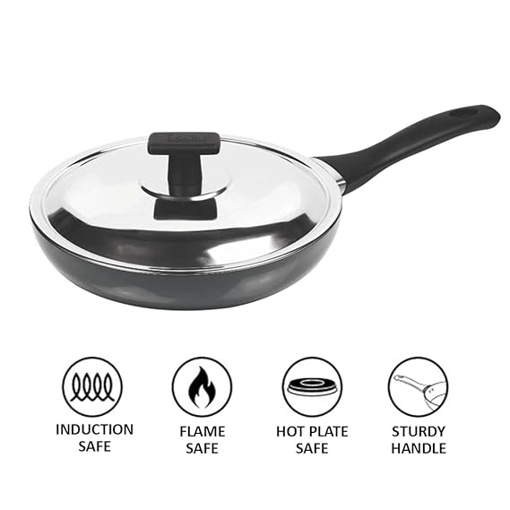 Picture of MILTON Pro Cook Hard Anodized Induction Fry Pan with Stainless Steel Lid, 24 cm / 1.8 Litre | Flame Safe | Gas Stove Safe | Hot Plate Safe | Bakelite Handle | Scratch Resistant