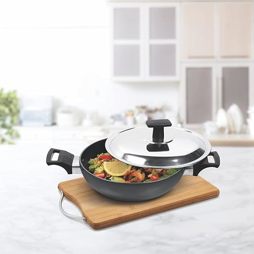 Picture of MILTON Pro Cook Hard Anodized Induction Kadhai with Stainless Steel Lid, 22 cm / 2.1 Litre | Flame Safe | Gas Stove Safe | Hot Plate Safe | Bakelite Handle | Scratch Resistant