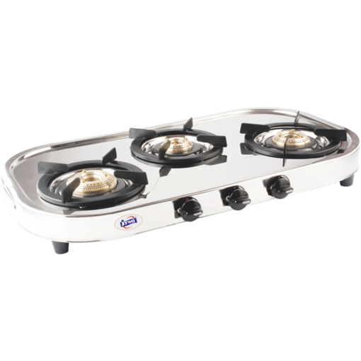 Jyoti 302 SS 3 Burner Stainless Steel Gas Stove With Rounded Edges And Plain At The Top की तस्वीर