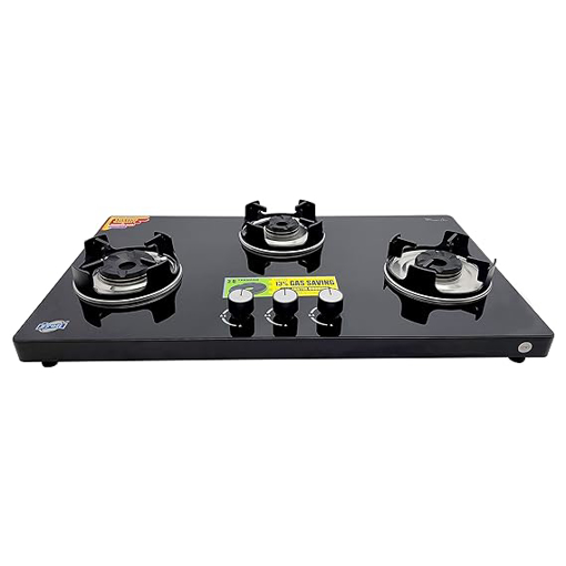 Jyoti 773 Slender 3D Hobtop | 3 burner Gas Stove | Multi-spark Auto Ignition | Black Toughened Glass Cooktop | 3D Forged Brass Burners with Non-rusting Frame Base की तस्वीर