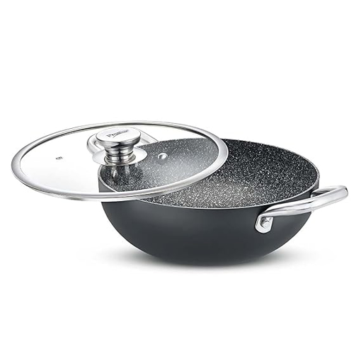 Prestige Durastone Hard Anodised Non-Stick Cookware Deep Kadai 24Cm (3 Litre) with Glass Lid,Black की तस्वीर