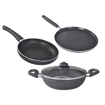 Prestige Omega Deluxe Granite Aluminium 3 Pcs Set- Tawa, Fry Pan & Kadai with 1 Glass Lid|Non-Stick|Spatter-Coated Surface|Induction & Gas Compatible|Black की तस्वीर