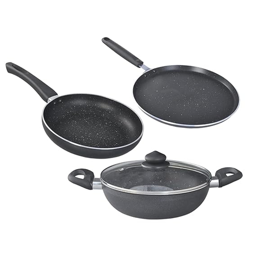 Picture of Prestige Omega Deluxe Granite Aluminium 3 Pcs Set- Tawa, Fry Pan & Kadai with 1 Glass Lid|Non-Stick|Spatter-Coated Surface|Induction & Gas Compatible|Black