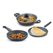 Prestige Omega Deluxe Granite Aluminium 3 Pcs Set- Tawa, Fry Pan & Kadai with 1 Glass Lid|Non-Stick|Spatter-Coated Surface|Induction & Gas Compatible|Black की तस्वीर