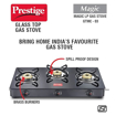 Prestige Magic Toughened Glass-Top 3 Brass Burner Gas Stove | Black | Spill Proof Design | Ergonomic Knob | Tri-Pin Burners | ISI Certified की तस्वीर