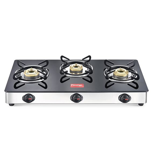 Picture of Prestige Magic 3 Burner Gas Stove Stainless Steel Body GTMC 03 SS, Black, Manual