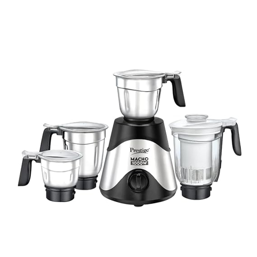 Picture of Prestige Macho 1000 W Mixer Grinder, 4 Jars (1500 ml, 1300 ml, 1500 ml, 600 ml) (Black, Silver) Pure Copper Motor Winding