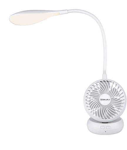 Picture of Bajaj AirLight 85 mm Personal Rechargeable Fan with Task lighting |8 W Table Fan| 360-Degree Table Lamp| 3-6 Hours* Battery Backup| Silent Operation| USB Charging Fan