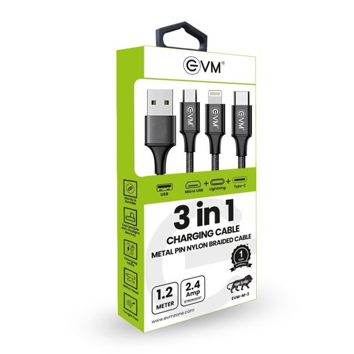 EVM 3in-1 Nylon Braided Smart Charging Cable for Android & iPhone की तस्वीर