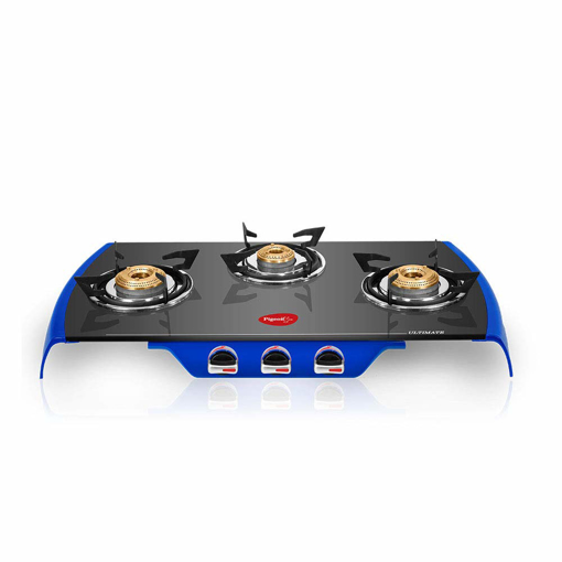 Pigeon by Stovekraft Ultimate 3 Burner High Powered Brass Gas Stove, Cooktop with Glass and Aluminium Die Cast Legs and Front Plate, 14519 (Black and Blue, Standard) (14519) Ultimate - 3 Burner - Non Auto की तस्वीर