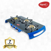 Picture of Pigeon by Stovekraft Ultimate 3 Burner High Powered Brass Gas Stove, Cooktop with Glass and Aluminium Die Cast Legs and Front Plate, 14519 (Black and Blue, Standard) (14519) Ultimate - 3 Burner - Non Auto