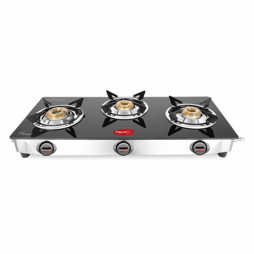 Pigeon Ayush 3 Burner High Powered Brass Gas Stove Cooktop with Glass Top and Stainless Steel Body (Black, Standard)  (14336) की तस्वीर