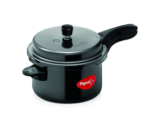 Picture of Pigeon By Stovekraft Aluminium Titanium Pressure Cooker Hard Anodised with Outer Lid Induction and Gas Stove Compatible 3 Litre Capacity for Healthy Cooking (Black), ((12293) Titanium Hard Anodized 3 Litre Outer Lid IB)