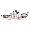 Pigeon Starter Kit of Mini Containing 2 and 3 litre Aluminium Pressure Cooker Outer Lid, 250 mm Flat Tawa and 240mm Kadai with Glass Lid (Silver), (14025) की तस्वीर