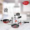 Pigeon Starter Kit of Mini Containing 2 and 3 litre Aluminium Pressure Cooker Outer Lid, 250 mm Flat Tawa and 240mm Kadai with Glass Lid (Silver), (14025) की तस्वीर