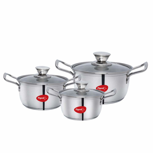 Picture of Pigeon Stainless Steel Casserole with Lid Cookware Set (Grey, Silver) (SPL SS Casrole 3 Set (16 18 20 cm), 14658)