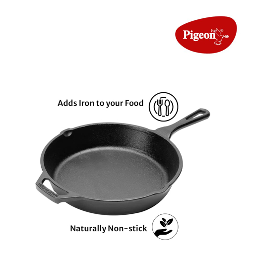 Picture of Pigeon Long Lasting Cast Iron Fry Pan, Naturally Non-Stick, Even Heat Distribution and Retains Heat for Long That Compatible with All Heating Source - Black, Cast Iron Fry Pan 250 mm (14728)