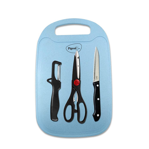 Picture of Pigeon Shears 4 Piece Kitchen Knife Set with Chopping Board, Stainless Steel Kitchen Knife, Scissor and Vegitable Pealer, Black, Medium (14184)