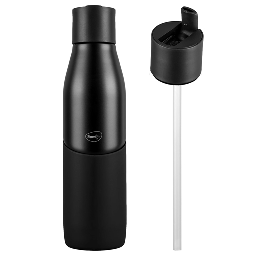 Pigeon by Stovekraft Luxe Thermos Stainless Steel Sipper Flask 500ml with Straw| 24 Hours Hot and Cold|Leak Proof|Easy to Open|Easy to use|Ideal Usage for Office Men/Women|School/College|Travel|Black (16255) की तस्वीर