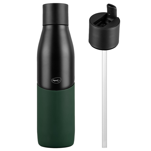 Pigeon by Stovekraft Luxe Thermos Stainless Steel Sipper Flask 750ml with Straw| 24 Hours Hot and Cold|Leak Proof|Easy to Open|Easy to use|Ideal Usage for Office Men/Women|School/College|Black&Green (16254) की तस्वीर