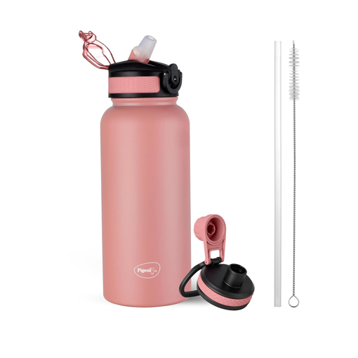 Picture of Pigeon by Stovekraft Rush Thermos Stainless Steel Sipper Flask 1000ml with Straw,Cleaner and Additional Screw Cap| 24 Hours Hot and Cold|Ideal Usage for Office Men/Women|School/College|Travel|Pink (16258)